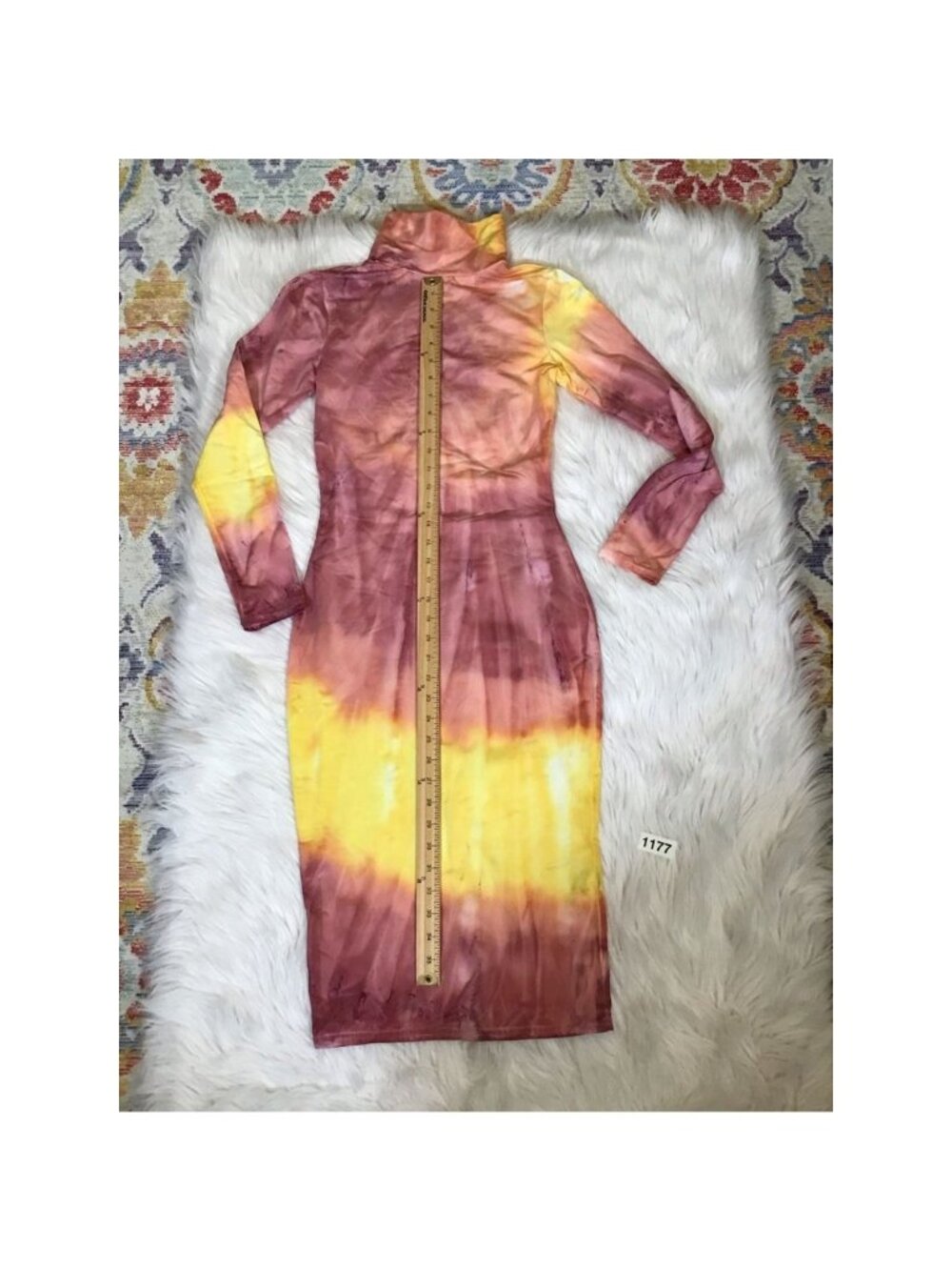 Vestidos Womens Bodycon Dress SM Stretch Yellow Tie Dye Midi Turtleneck Sexy - Picture 3 of 5